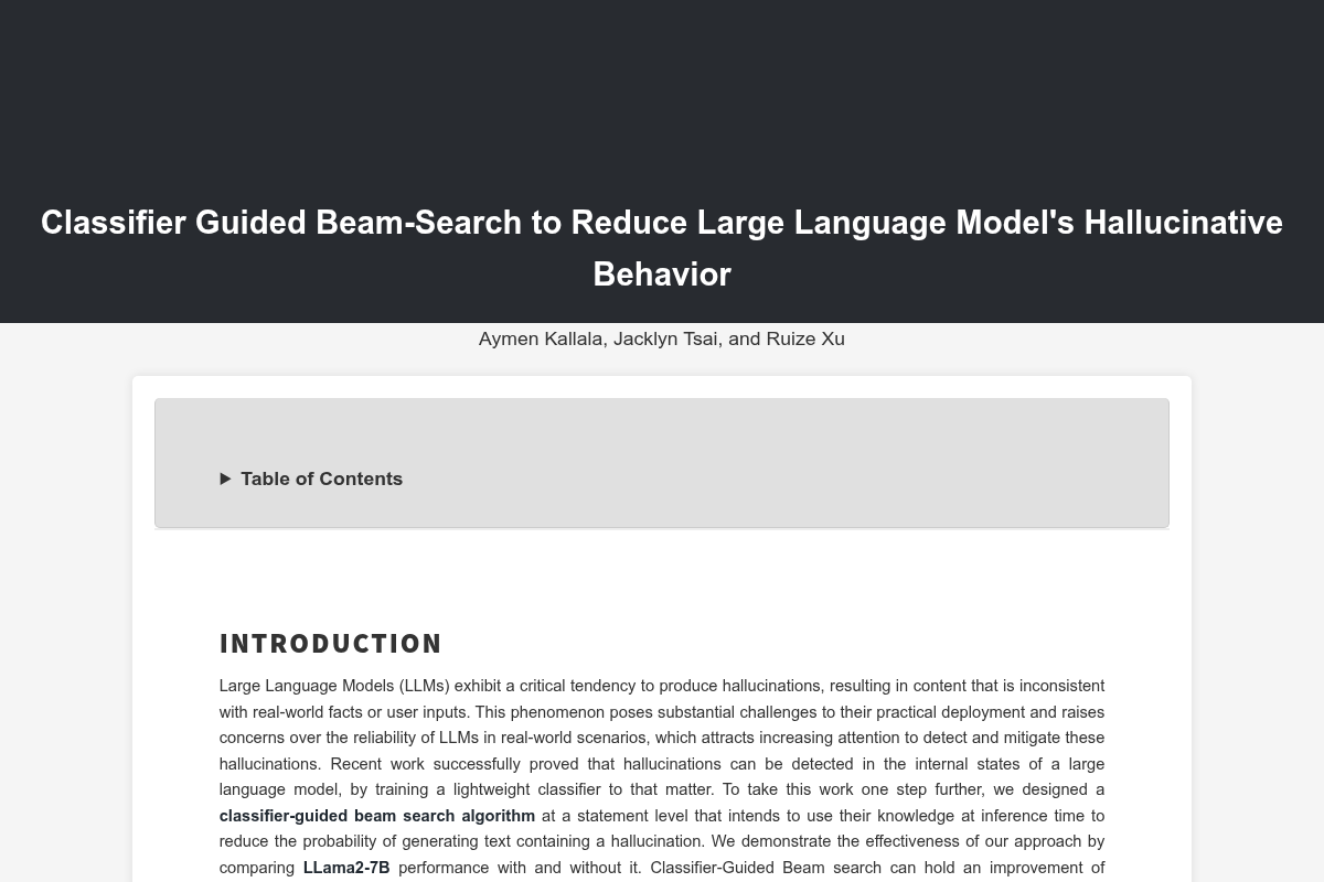 Classifier Guided Beam-Search to Reduce Large Language Model's Hallucinative Behavior | Aymen Kallala