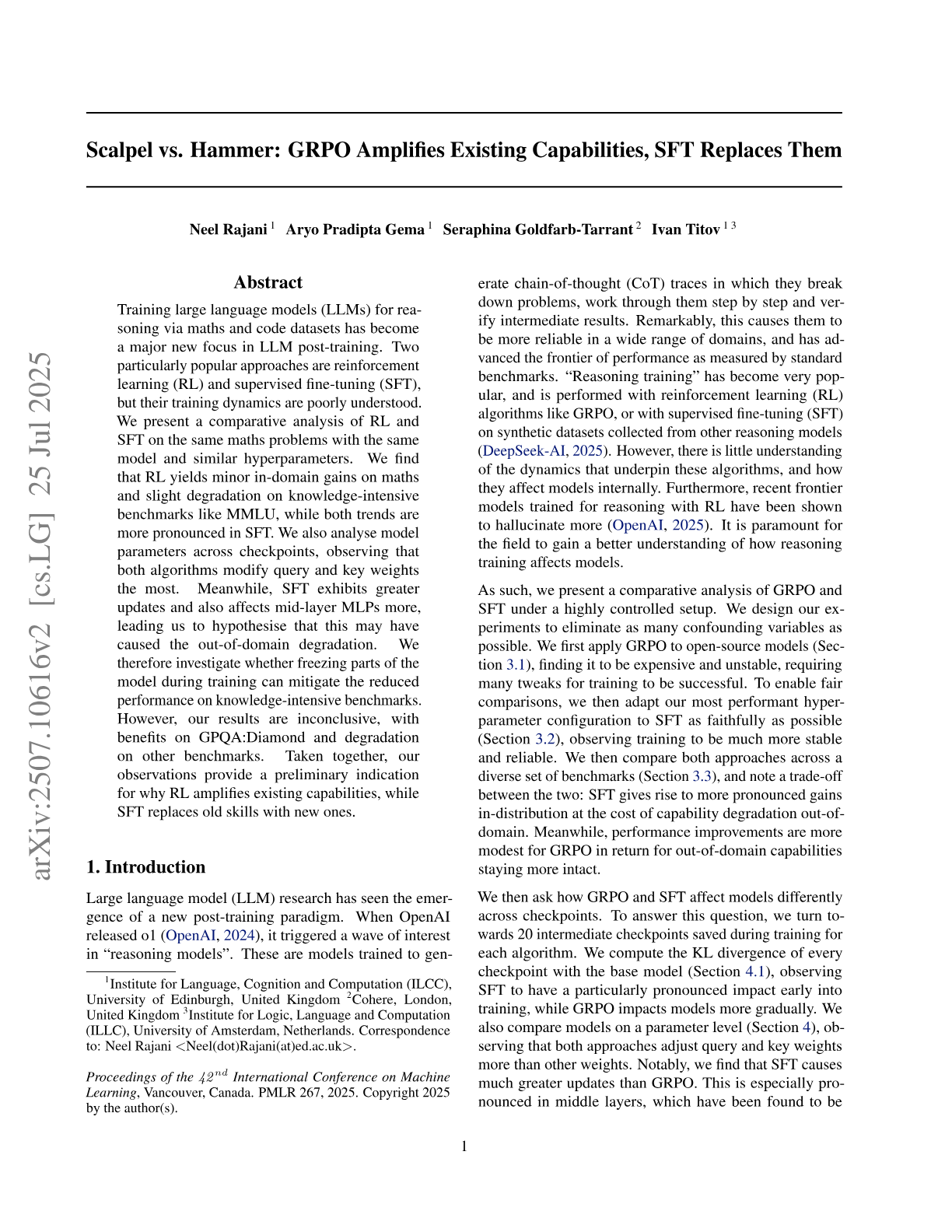 Scalpel vs. Hammer: GRPO Amplifies Existing Capabilities, SFT Replaces   Them